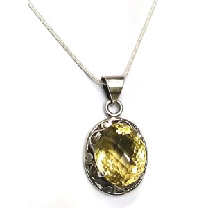 Natural Lemon Quartz Chequred cut Gemstone in Silver Pendant