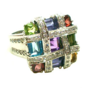 Sterling Silver Mosaic Ring with Gemstones and Cubic Zirconia